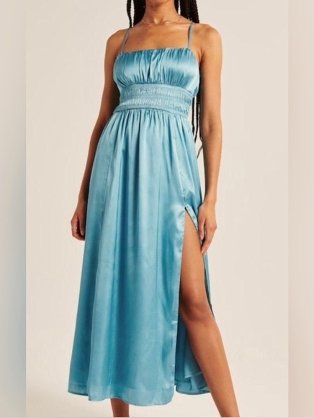 Abercrombie & Fitch Smocked Bodice Satin Maxi Dress‎ Blue Size Extra Small Tall